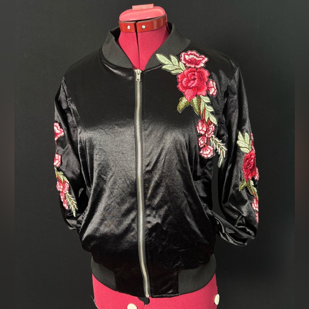 Floral Embroidered Black Bomber Jacket Dance Costume